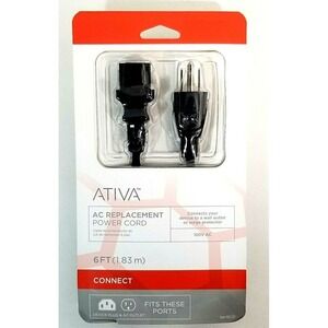 Ativa Universal‎ AC Replacement Power Cord, 6' NEW